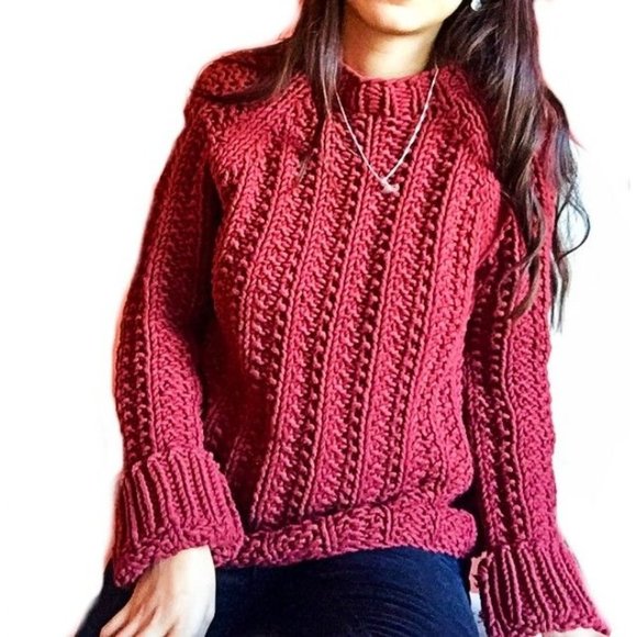 J. Crew Women's Knit By Hand Chunky Trend Knit Pullover Sweater Burgundy Red XS - Picture 1 of 11